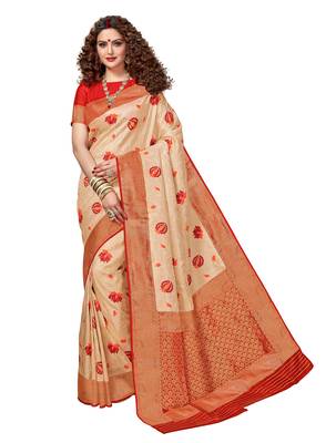Cream woven brocade silk saree with blouse 1