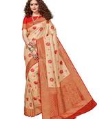 Cream woven brocade silk saree with blouse