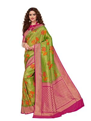 Green woven brocade silk saree with blouse 1