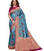 Turquoise woven brocade silk saree with blouse