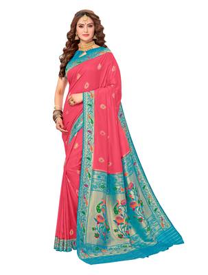 Teal woven silk saree with blouse 1