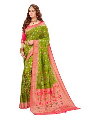 Mehendi woven silk saree with blouse 1