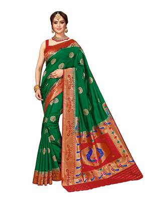 Green woven silk saree with blouse 1