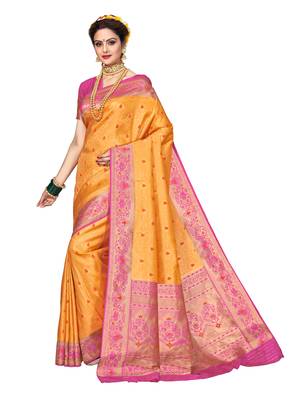 Orange woven brocade silk saree with blouse 1