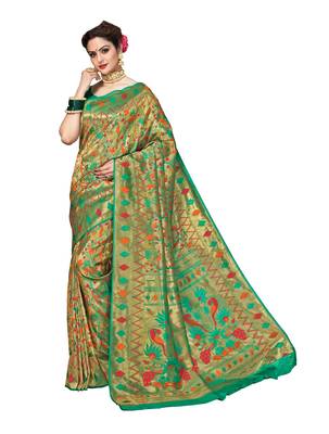Green woven brocade silk saree with blouse 1