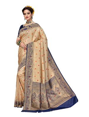 Cream woven brocade silk saree with blouse 1
