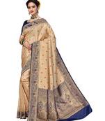 Cream woven brocade silk saree with blouse