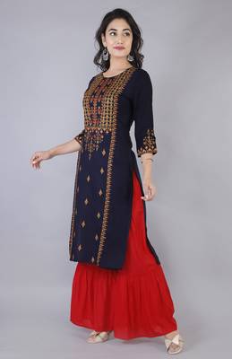 Women multicolor Viscose Embroidery Kurta with Sharara Set 1