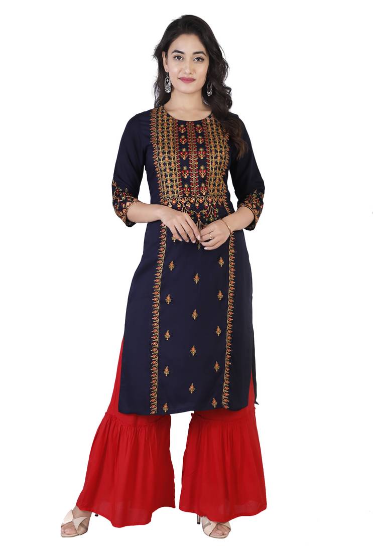 Women multicolor Viscose Embroidery Kurta with Sharara Set