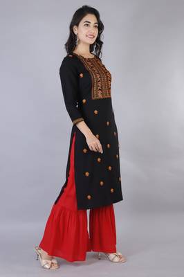 Women black Viscose Embroidery Kurta with Sharara Set 1