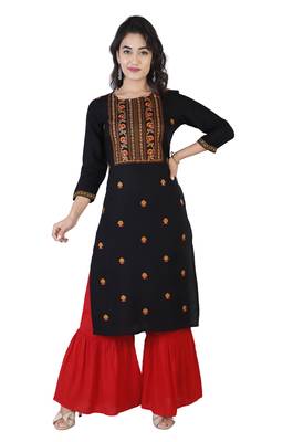 Women black Viscose Embroidery Kurta with Sharara Set 2