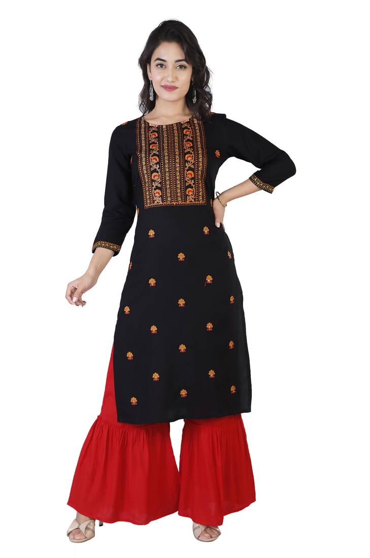 Women black Viscose Embroidery Kurta with Sharara Set