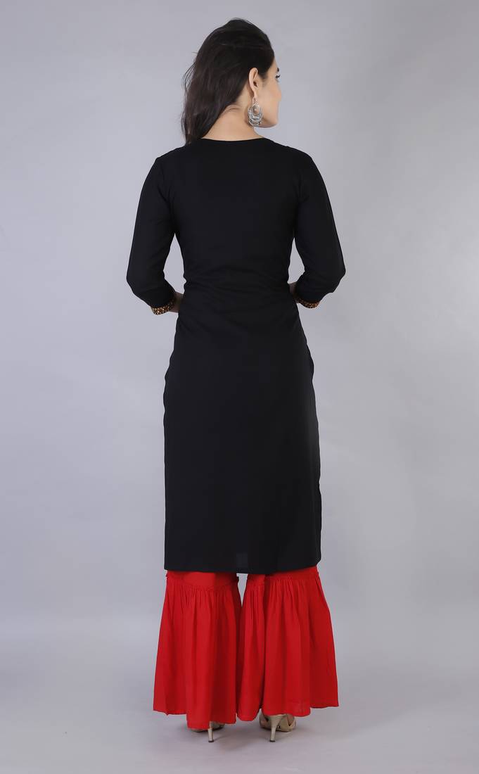 Women black Viscose Embroidery Kurta with Sharara Set