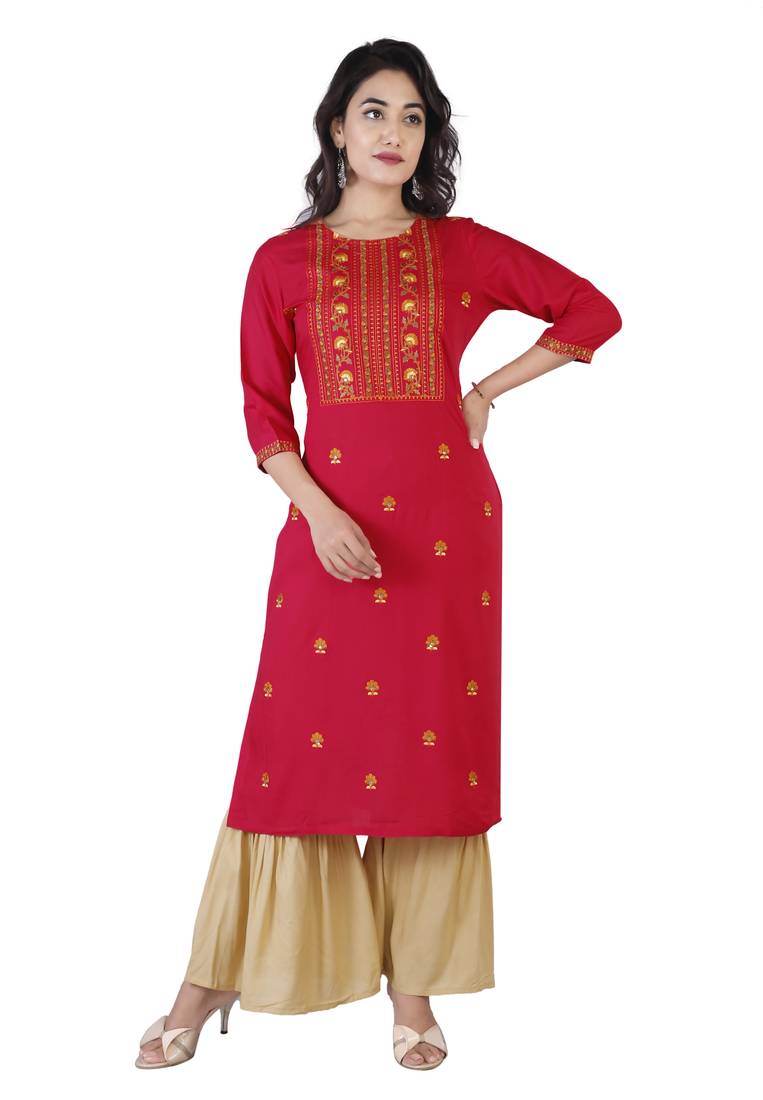 Women pink Viscose Embroidery Kurta with Sharara Set