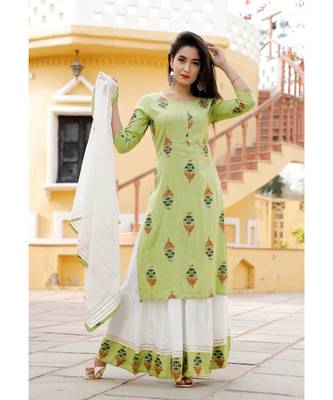 Women green Viscose Embroidered Kurta and SKIRT & COTTON DUPATTA SET 1