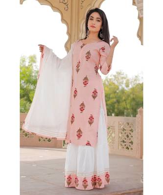 Women peach Viscose Embroidered Kurta and SKIRT & COTTON DUPATTA SET 1