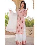 Women peach Viscose Embroidered Kurta and SKIRT & COTTON DUPATTA SET