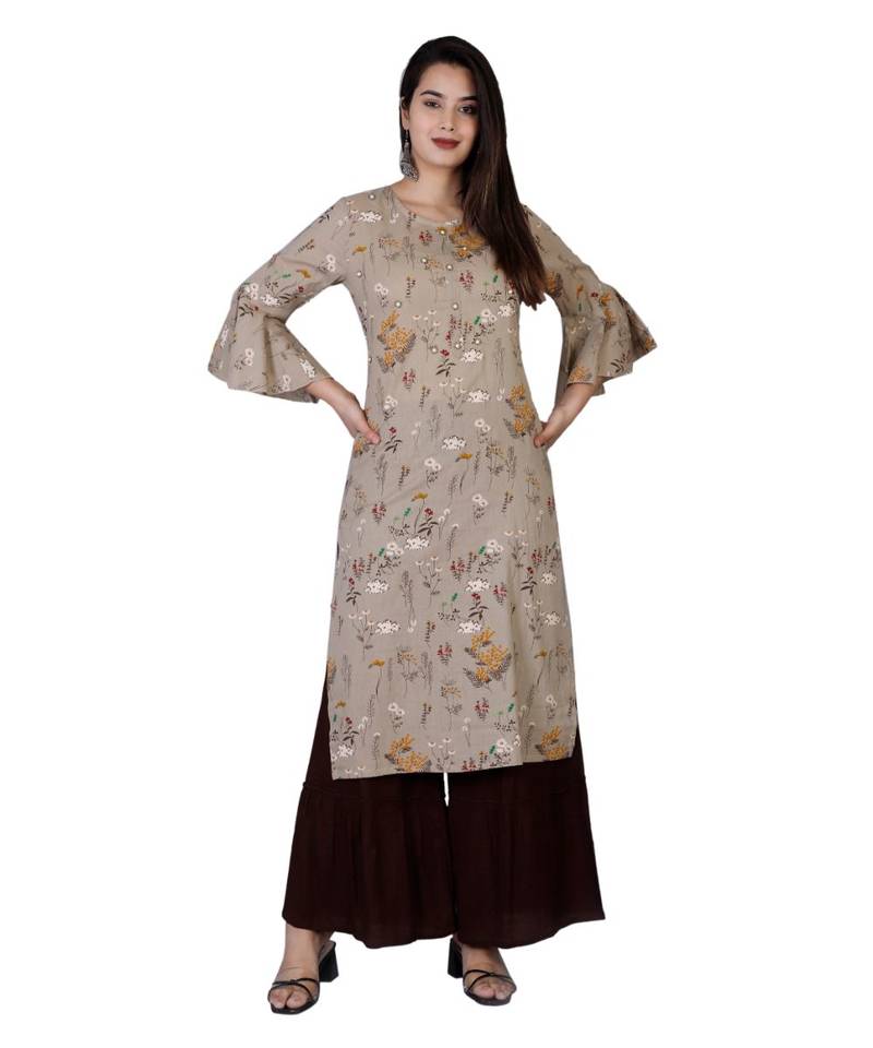Women brown Cotton Kurta with hand work and Sharara Set
