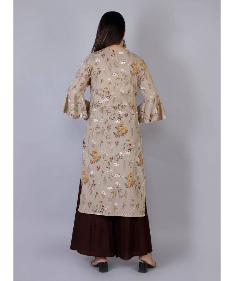 Women brown Cotton Kurta with hand work and Sharara Set