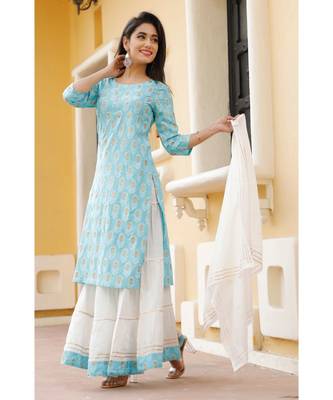Women blue Viscose Embroidered Kurta and SKIRT & COTTON DUPATTA SET 1