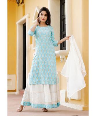 Women blue Viscose Embroidered Kurta and SKIRT & COTTON DUPATTA SET 2