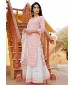 Women peach Viscose Embroidered Kurta and SKIRT & COTTON DUPATTA SET