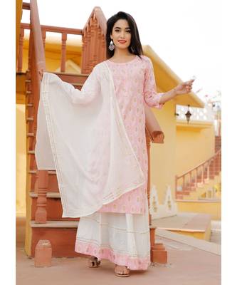 Women peach Viscose Embroidered Kurta and SKIRT & COTTON DUPATTA SET 2