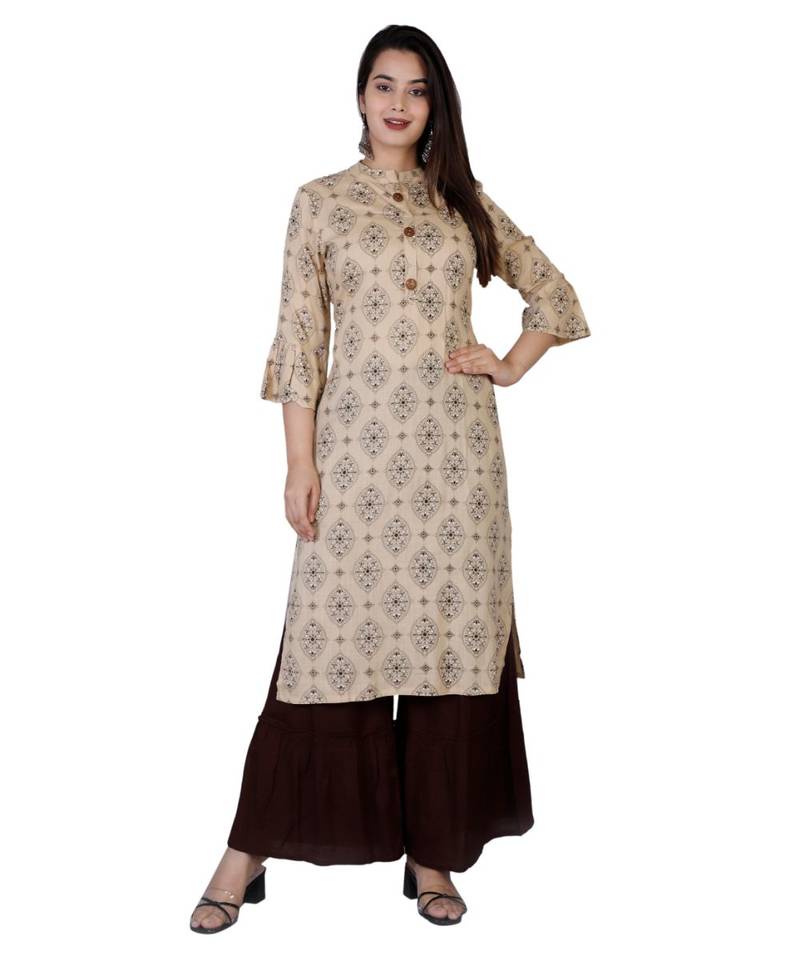 Women beige Viscose Printed Kurta and Sharara set