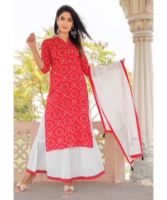 Women red Viscose Printed Kurta with Embroidery and Skirt & Cotton Dupatta 1
