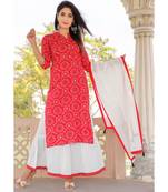 Women red Viscose Printed Kurta with Embroidery and Skirt & Cotton Dupatta