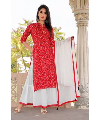 Women red Viscose Printed Kurta with Embroidery and Skirt & Cotton Dupatta 2