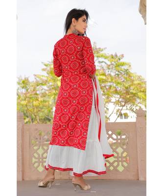 Women red Viscose Printed Kurta with Embroidery and Skirt & Cotton Dupatta 3