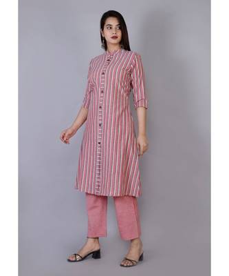 Women peach Cotton Stripe Kurta and Pant Set 1