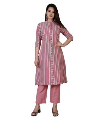 Women peach Cotton Stripe Kurta and Pant Set 2