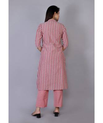 Women peach Cotton Stripe Kurta and Pant Set 3