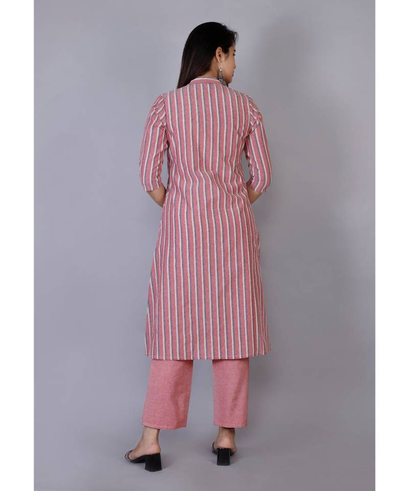 Women peach Cotton Stripe Kurta and Pant Set