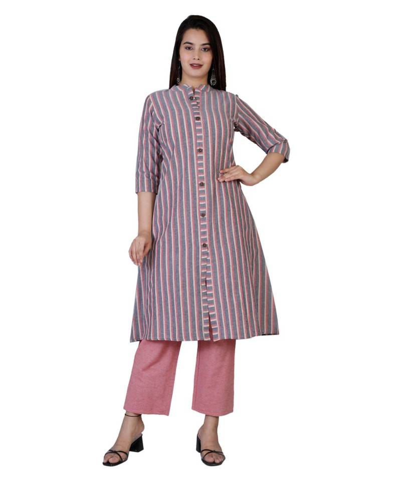 Women grey Cotton Stripe Kurta and Pant Set