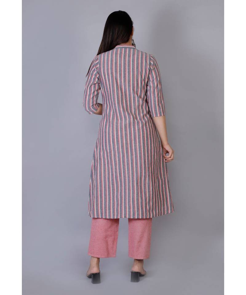 Women grey Cotton Stripe Kurta and Pant Set
