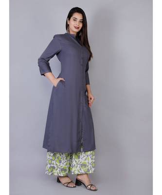 Women grey Rayon Solid Kurta with Printed Cotton Plazoo Set 1