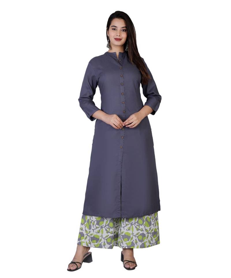 Women grey Rayon Solid Kurta with Printed Cotton Plazoo Set