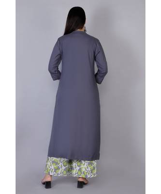 Women grey Rayon Solid Kurta with Printed Cotton Plazoo Set 3