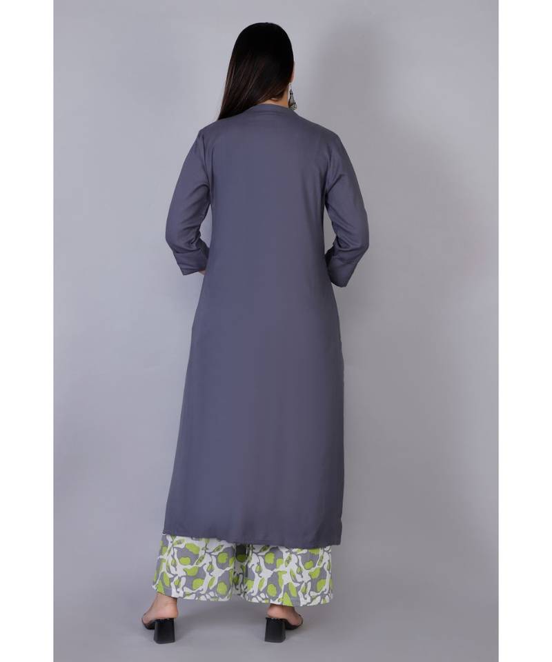 Women grey Rayon Solid Kurta with Printed Cotton Plazoo Set