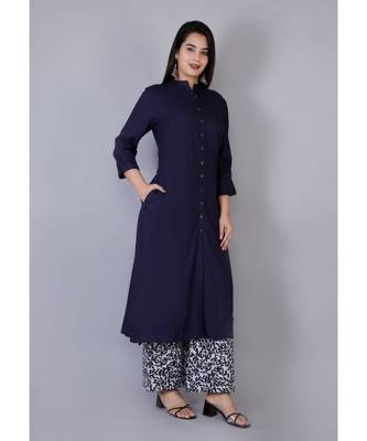 Women blue Rayon Solid Kurta with Printed Cotton Plazoo Set 1