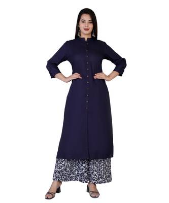 Women blue Rayon Solid Kurta with Printed Cotton Plazoo Set 2