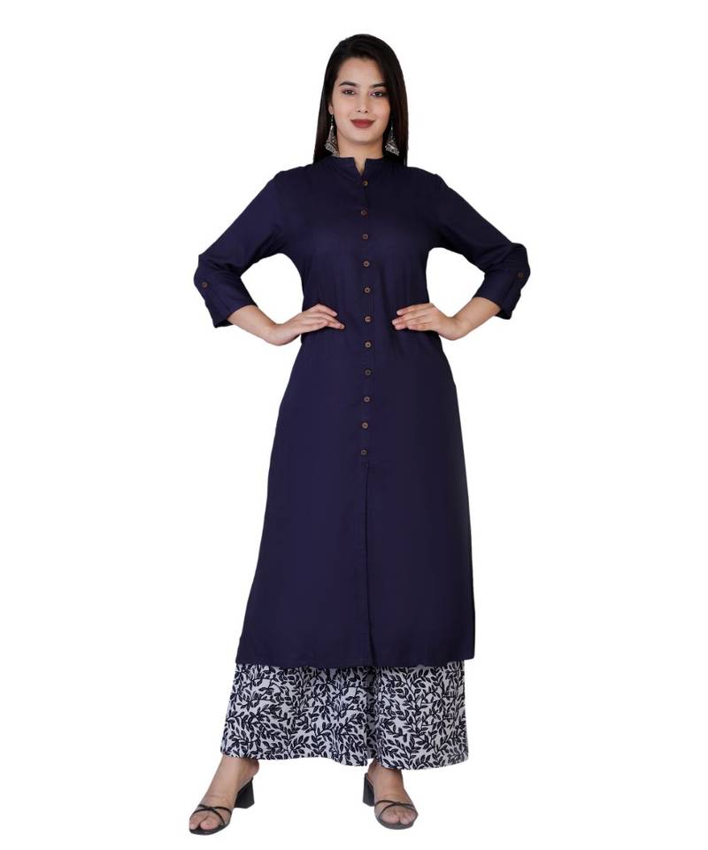 Women blue Rayon Solid Kurta with Printed Cotton Plazoo Set
