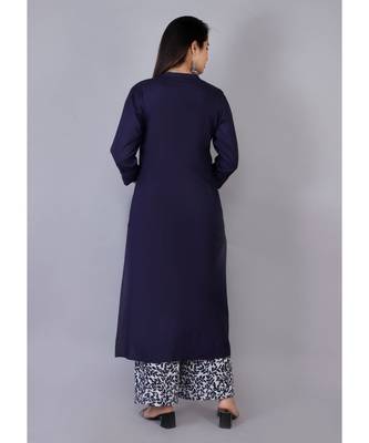 Women blue Rayon Solid Kurta with Printed Cotton Plazoo Set 3