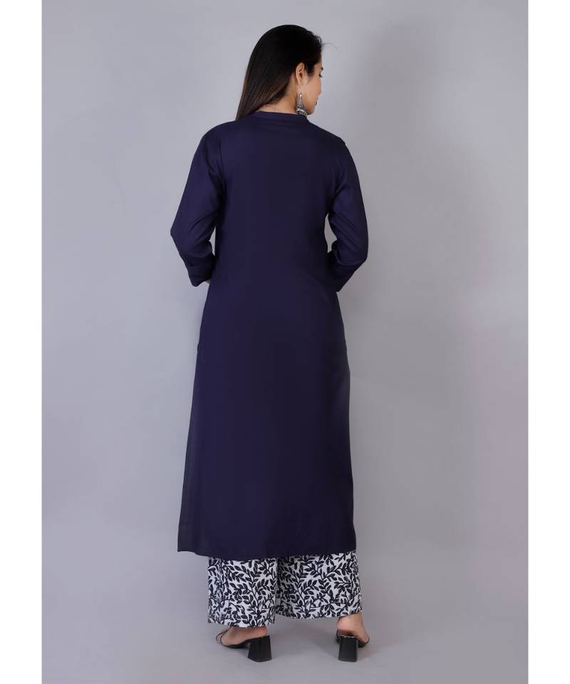 Women blue Rayon Solid Kurta with Printed Cotton Plazoo Set