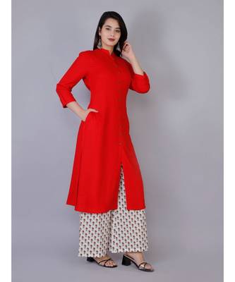 Women red Rayon Solid Kurta with Printed Cotton Plazoo Set 1