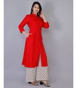 Women red Rayon Solid Kurta with Printed Cotton Plazoo Set