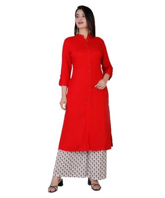 Women red Rayon Solid Kurta with Printed Cotton Plazoo Set 2